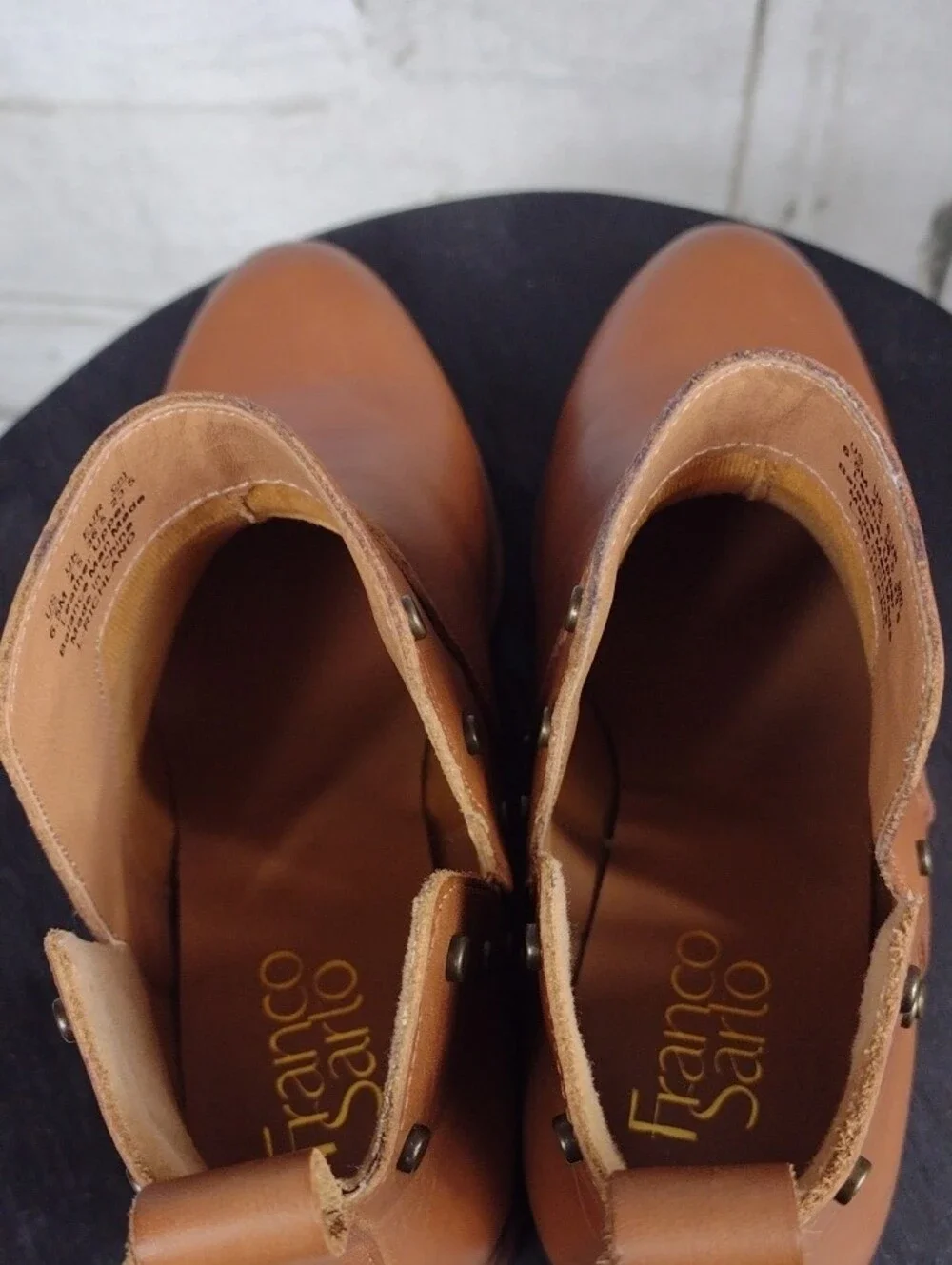 Franco Sarto Cognac Leather Ankle Booties with Stud Accents Size 6.5